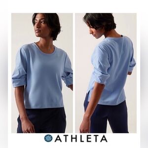 L Athleta Slate Blue Tee top Harlow Hybrid with puffer sleeves